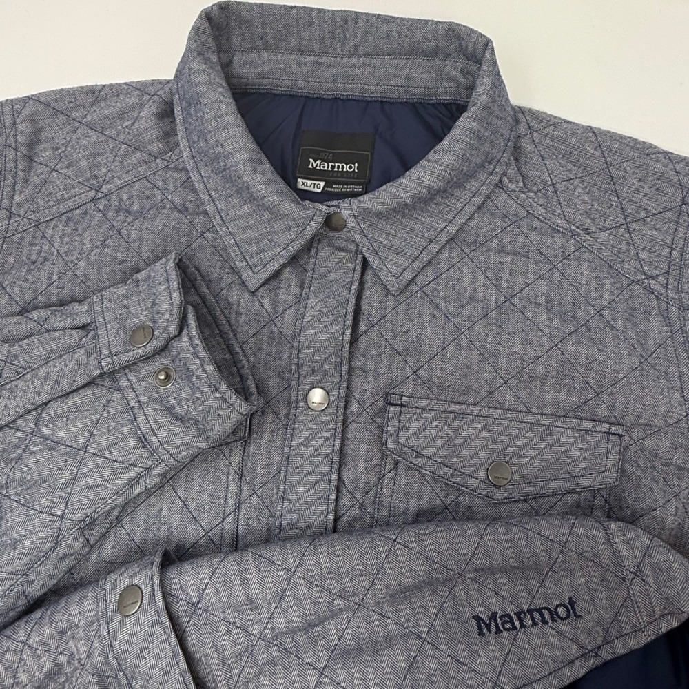 Marmot Riley Womens XL Blue Herringbone Quilted Snap Front Shirt Jacket G58630
